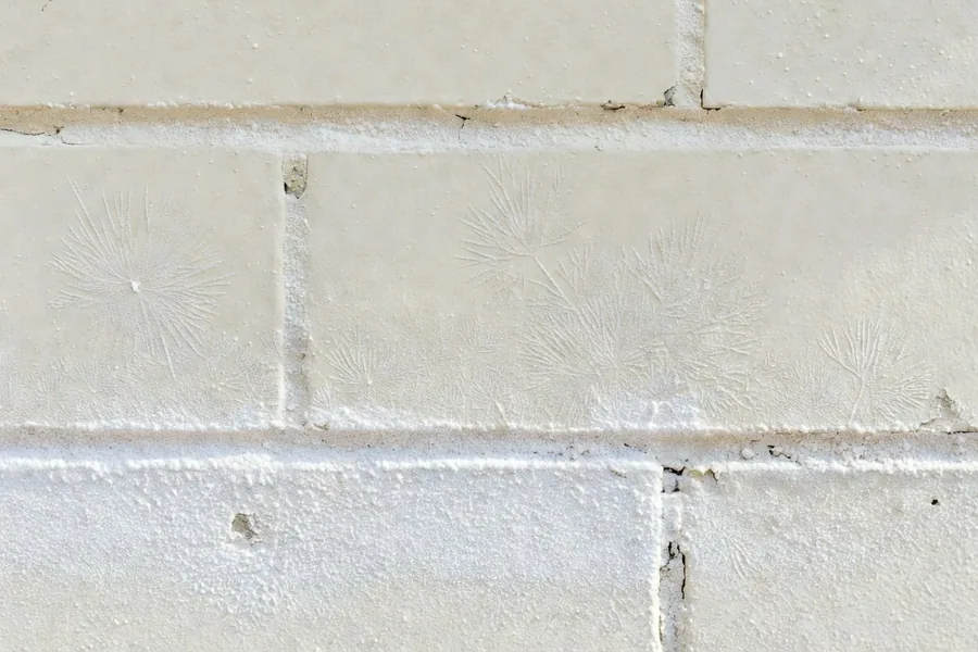 White powdery salt crystals blooming across rendered brickwork low on an external wall.
