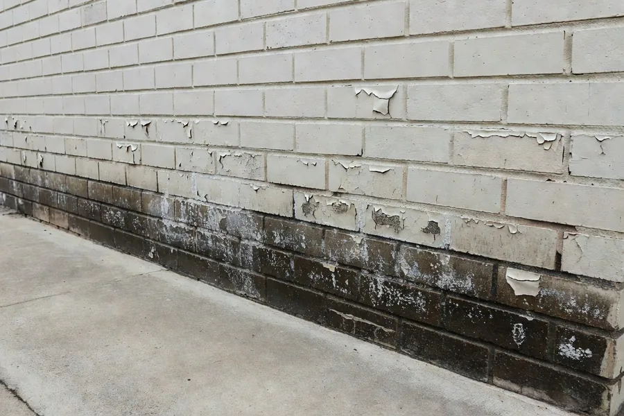 The external base of a painted brick wall with a dark damp band about a metre high, white salt staining and flaking paint.
